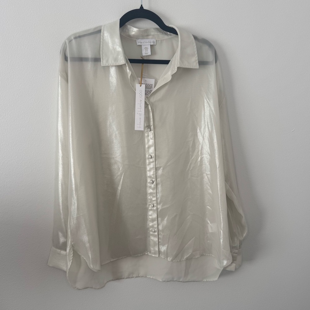 House of Harlow 1960 Sheer Metallic Ivory Button Down Blouse Size M NWT